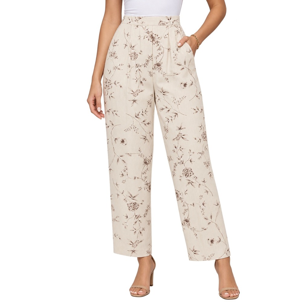 Pendleton Womens 8P Silk Linen Floral Pants Cream Brown Side Zip Fully Lined